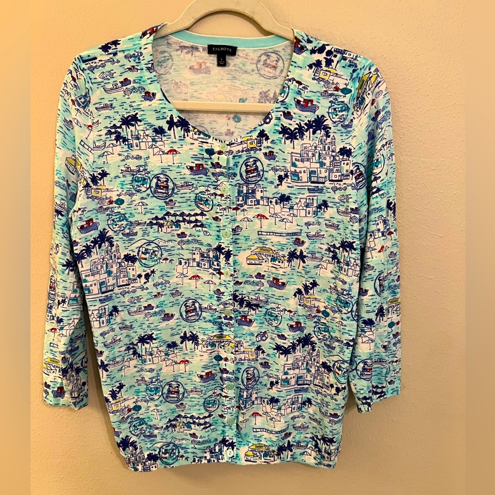 Talbots women’s cardigan size Large novelty beach print